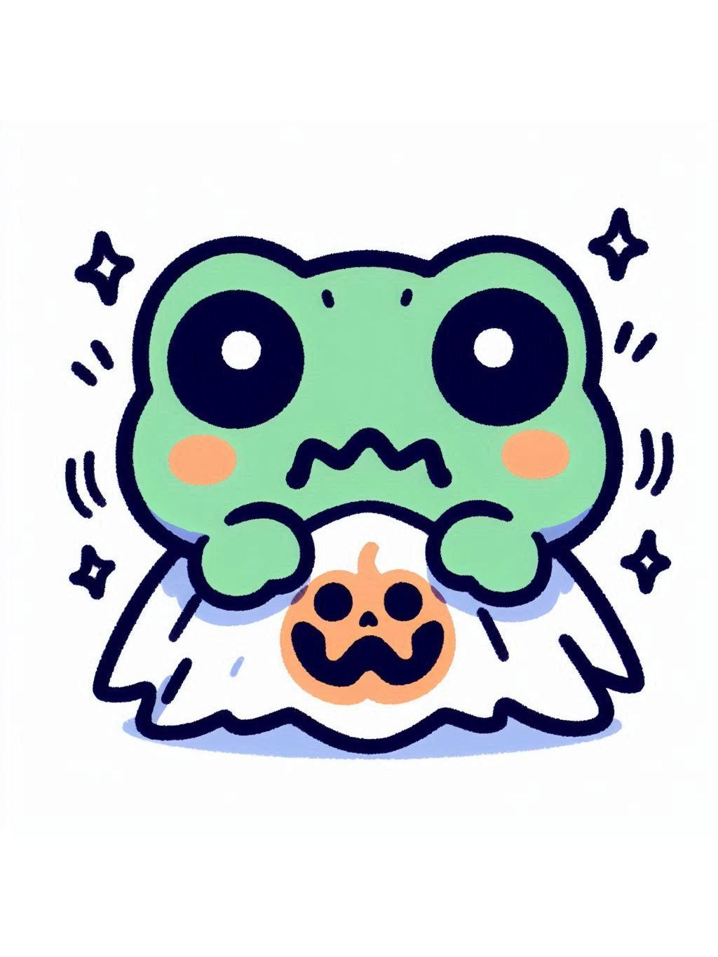 halloween frog drawing ideas, showcasing a cute cartoon frog looking scared, sitting under a ghostly sheet with a pumpkin face.